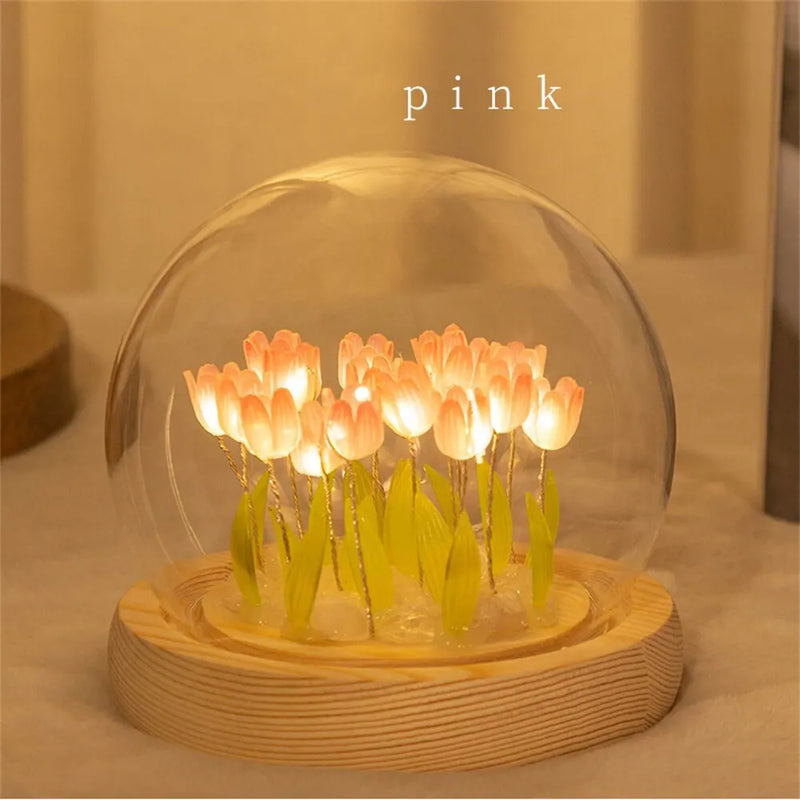 Artificial Tulip Flower Night Light Handmade DIY Bedside Lamp LED Night Lamp Bedroom Decor Christmas Birthday Gifts Table Lamp