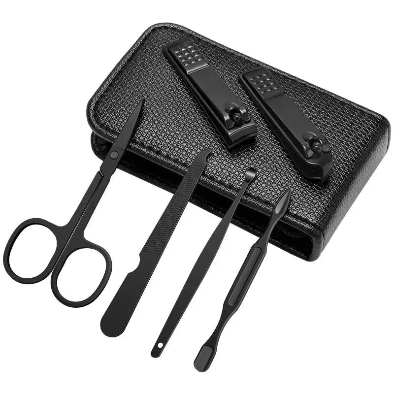 Ouriner 6Pcs Portable Manicure Sets Pedicure Kits Bright Black Nail Clipper Set Personal Care Tools Eyebrow Scissors